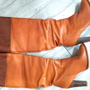 Leather Camel&brown leather high knee boots-, Zara -Basics